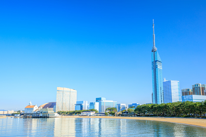 Fukuoka city streets in autumn. Momochi Beach. Fukuoka Prefecture, Fukuoka City.